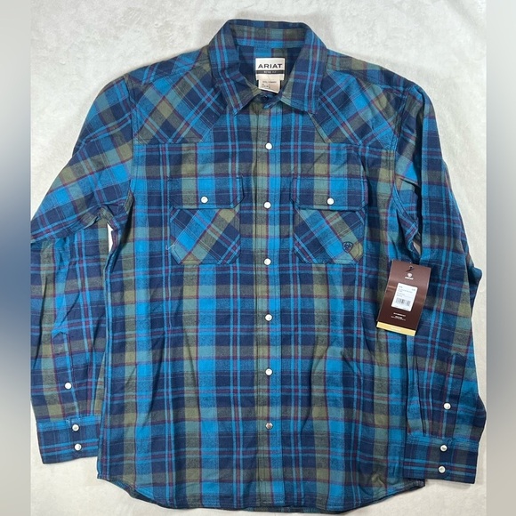 NWT Ariat L Blue Green Casual Retro Fit Plaid Pearl Button Snap Flannel Shirt - Picture 2 of 8